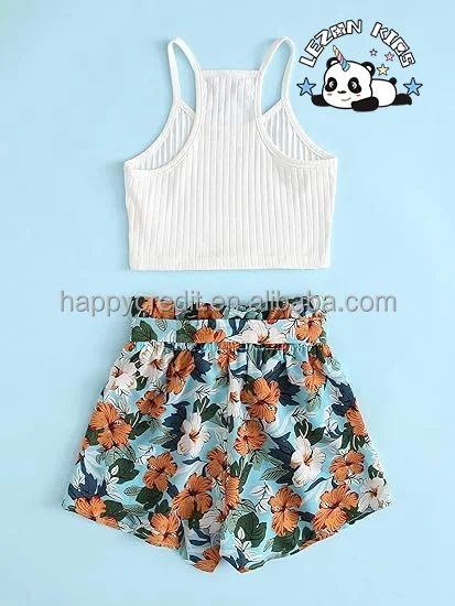 LEZONKIDS - Conjunto de Roupas para Meninas com Top Cropped sem Mangas e Shorts com Cinto Floral Personalizável em 2 Peças